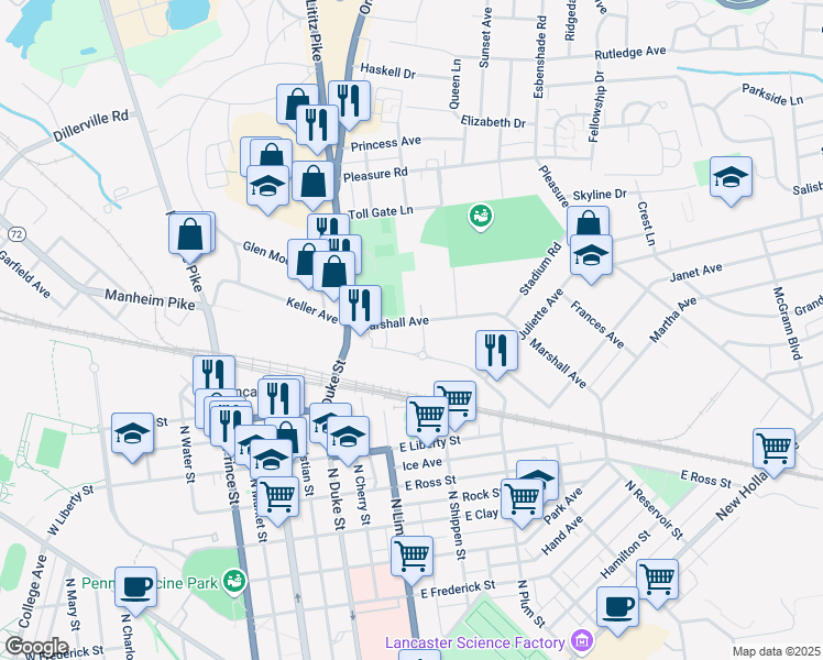 map of restaurants, bars, coffee shops, grocery stores, and more near 1310 Marshall Avenue in Lancaster
