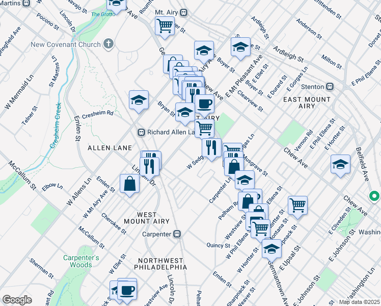 map of restaurants, bars, coffee shops, grocery stores, and more near 7029 Mower Street in Philadelphia