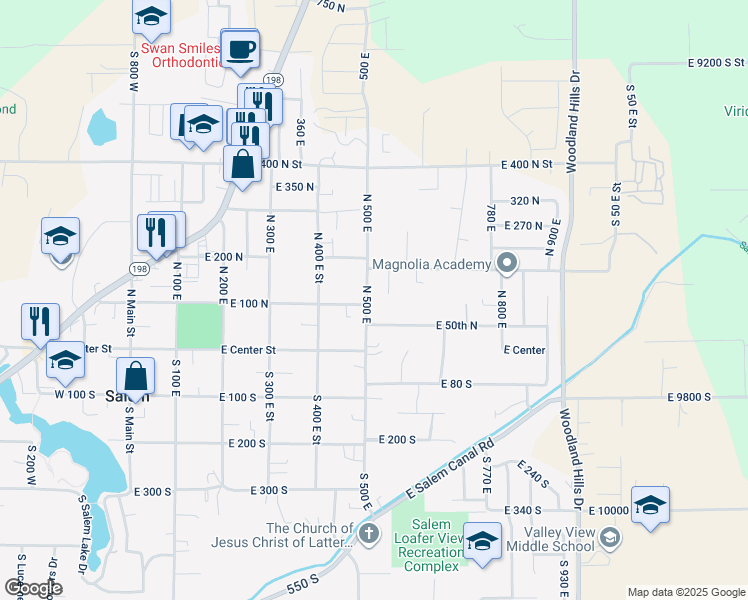 map of restaurants, bars, coffee shops, grocery stores, and more near 110 North 500 East in Salem