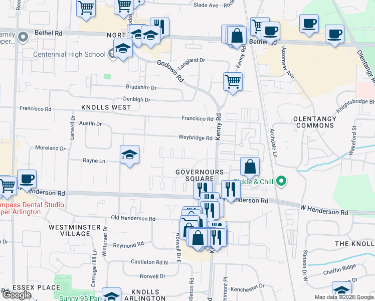map of restaurants, bars, coffee shops, grocery stores, and more near 4780 Gainsborough Court in Columbus