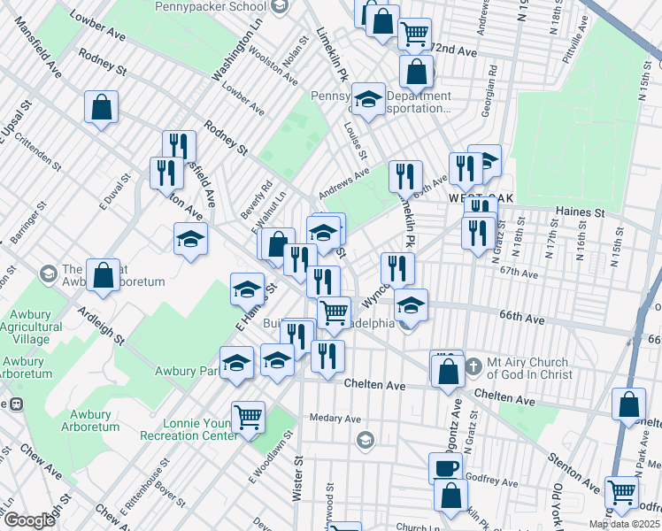 map of restaurants, bars, coffee shops, grocery stores, and more near 2106 Eastburn Avenue in Philadelphia
