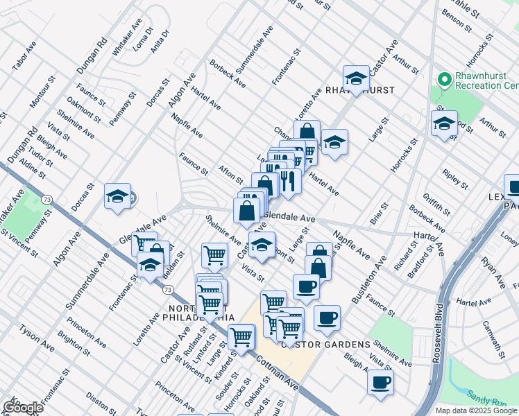map of restaurants, bars, coffee shops, grocery stores, and more near 1931 Glendale Avenue in Philadelphia