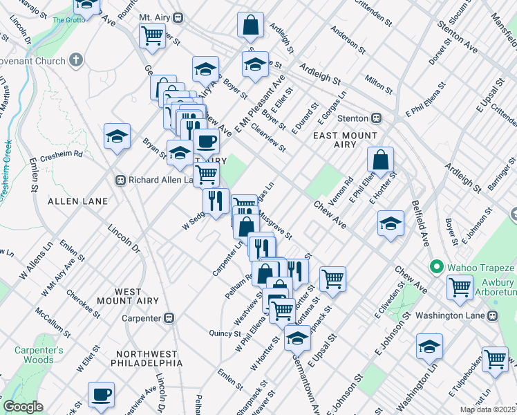 map of restaurants, bars, coffee shops, grocery stores, and more near 102 East Gorgas Lane in Philadelphia