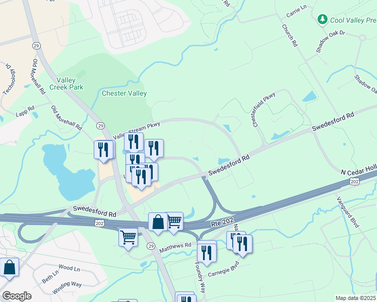 map of restaurants, bars, coffee shops, grocery stores, and more near 45 Liberty Boulevard in Malvern