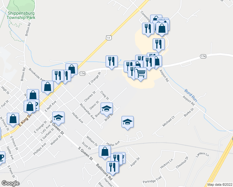 map of restaurants, bars, coffee shops, grocery stores, and more near 709 Brenton Street in Shippensburg
