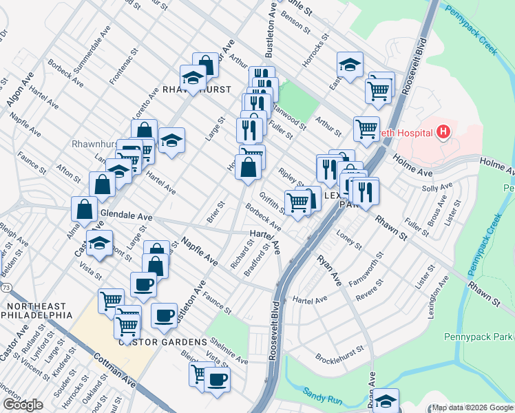 map of restaurants, bars, coffee shops, grocery stores, and more near 2315 Borbeck Ave in Philadelphia