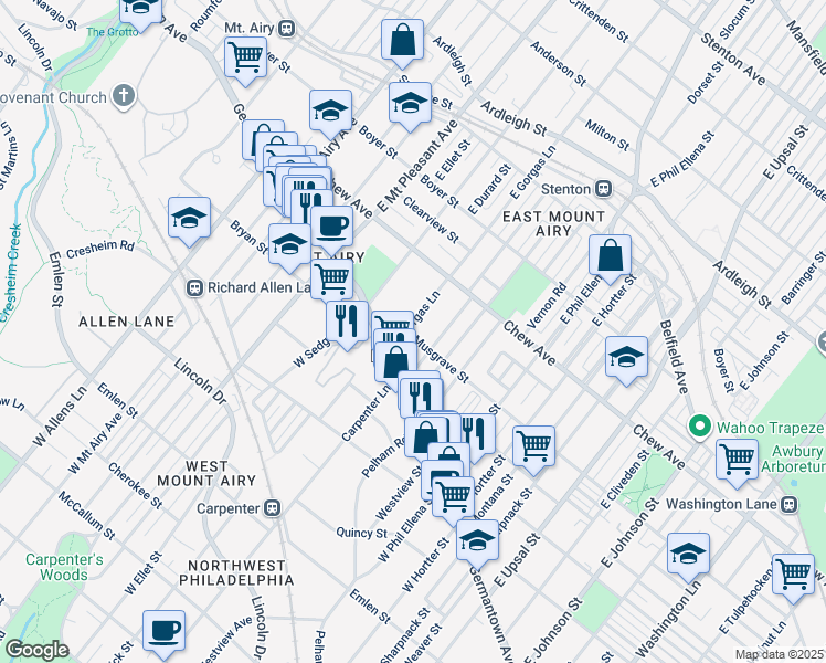 map of restaurants, bars, coffee shops, grocery stores, and more near 102 East Gorgas Lane in Philadelphia