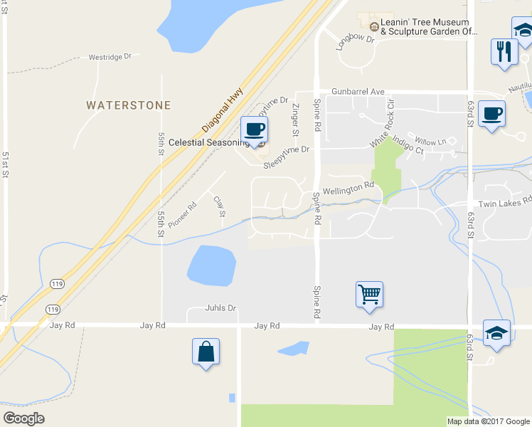 map of restaurants, bars, coffee shops, grocery stores, and more near 5812 Orchard Creek Lane in Boulder