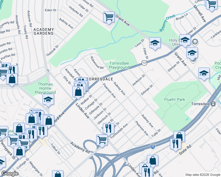 map of restaurants, bars, coffee shops, grocery stores, and more near 4400 Pearson Avenue in Philadelphia