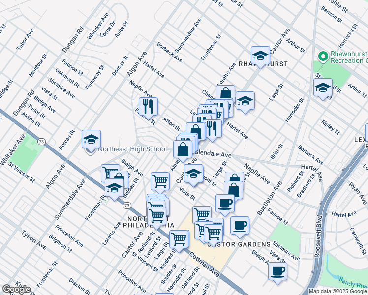 map of restaurants, bars, coffee shops, grocery stores, and more near 900 Glendale Avenue in Philadelphia