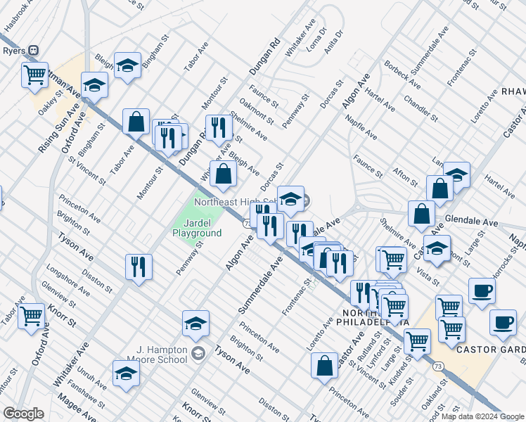 map of restaurants, bars, coffee shops, grocery stores, and more near 7311 Dorcas Street in Philadelphia