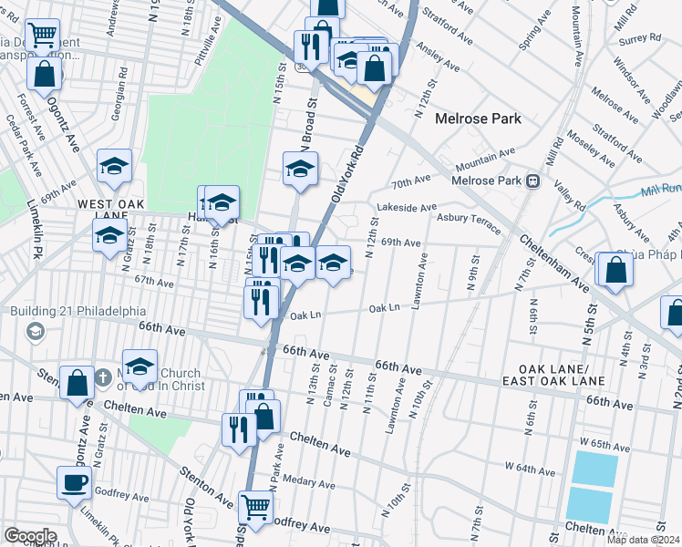 map of restaurants, bars, coffee shops, grocery stores, and more near 1210 68th Avenue in Philadelphia