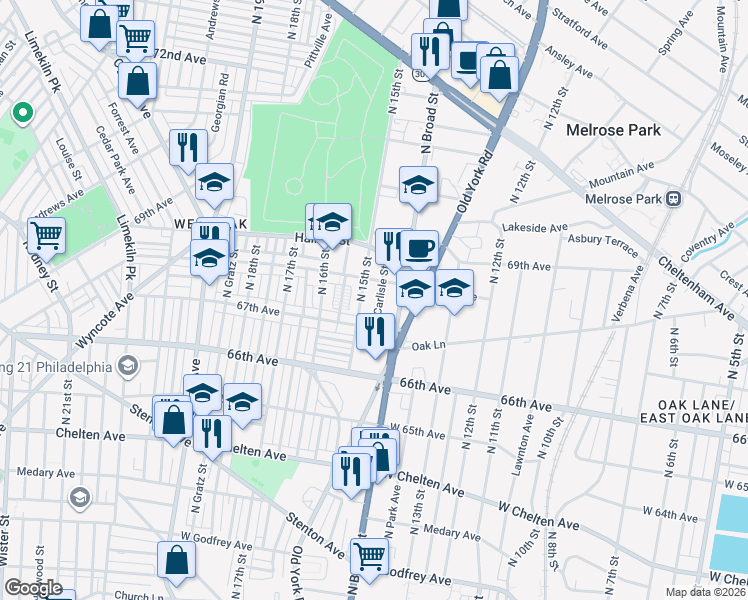 map of restaurants, bars, coffee shops, grocery stores, and more near 6715 North 15th Street in Philadelphia