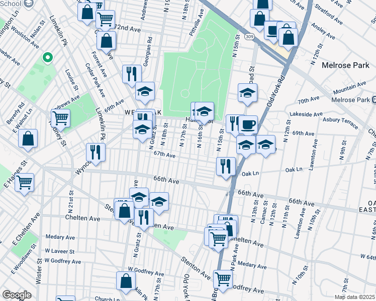map of restaurants, bars, coffee shops, grocery stores, and more near 6710 North Smedley Street in Philadelphia