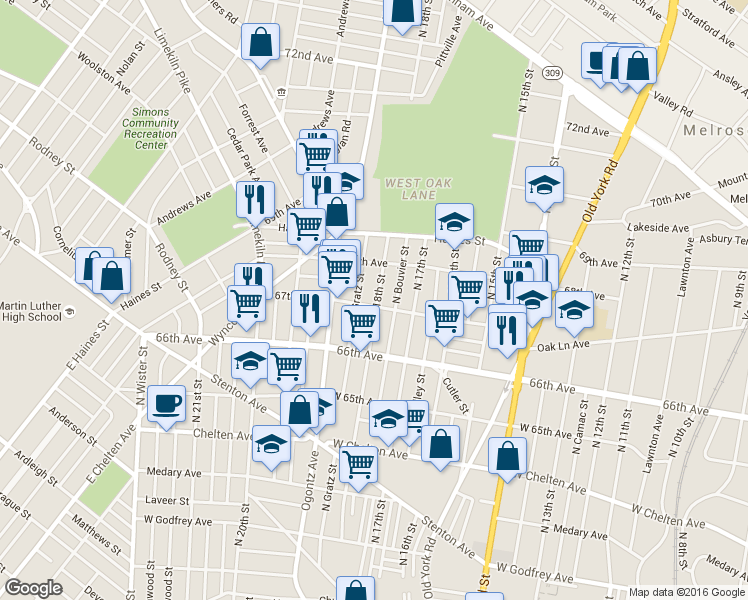 map of restaurants, bars, coffee shops, grocery stores, and more near 1721 67th Avenue in Philadelphia
