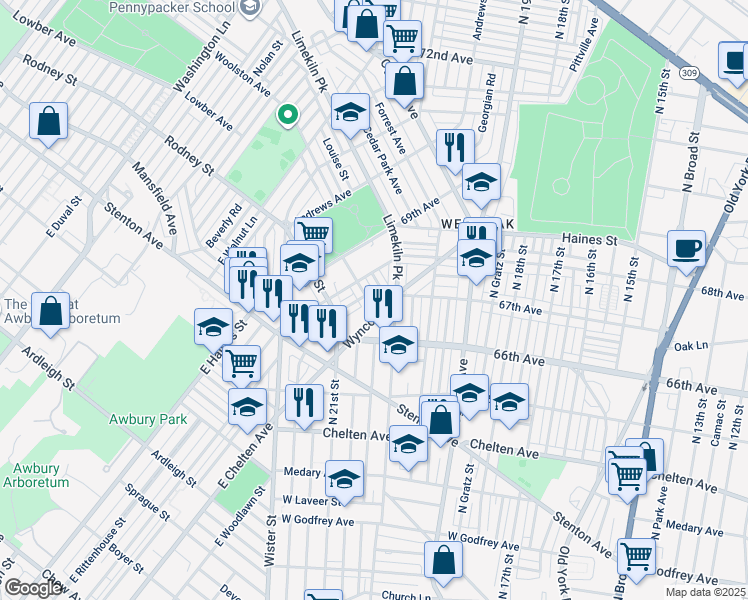 map of restaurants, bars, coffee shops, grocery stores, and more near 6711 Woolston Avenue in Philadelphia