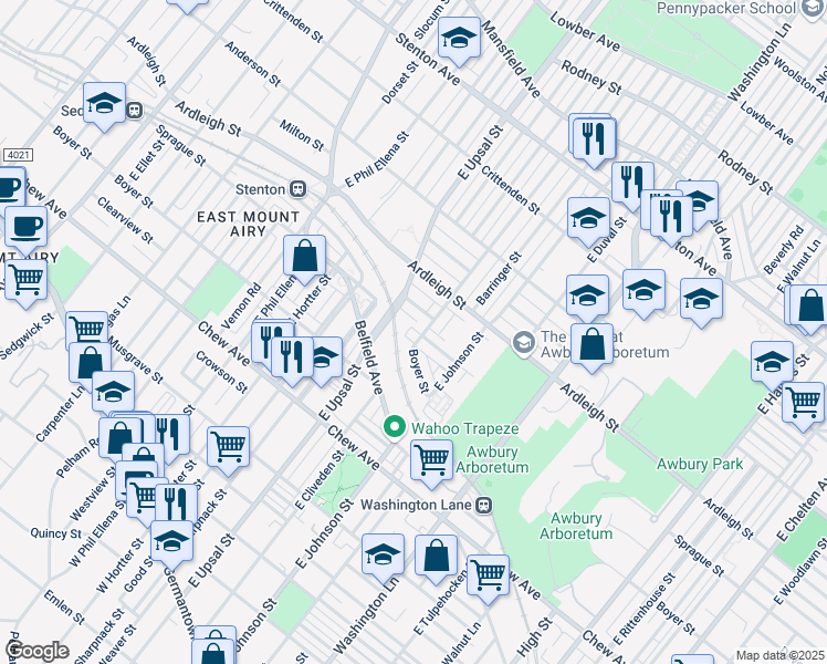 map of restaurants, bars, coffee shops, grocery stores, and more near 6426 Sprague Street in Philadelphia