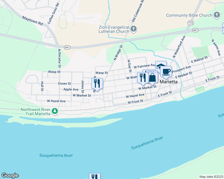 map of restaurants, bars, coffee shops, grocery stores, and more near 276 West Market Street in Marietta