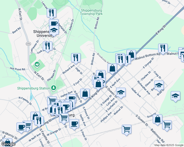 map of restaurants, bars, coffee shops, grocery stores, and more near 344 East Fort Street in Shippensburg