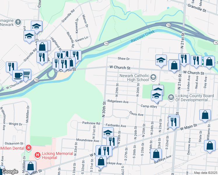 map of restaurants, bars, coffee shops, grocery stores, and more near 1029 Woodlawn Avenue in Newark