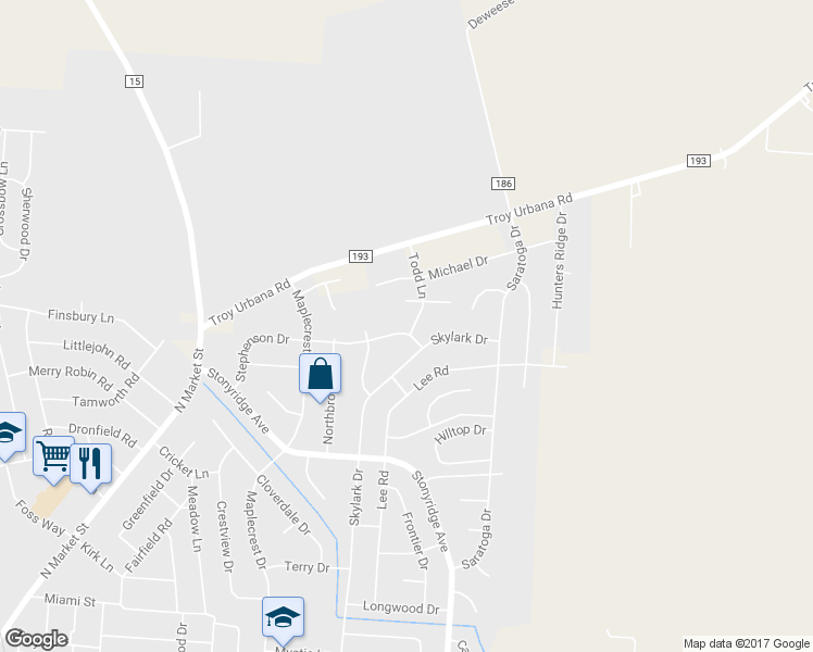 map of restaurants, bars, coffee shops, grocery stores, and more near 1135 Stephenson Drive in Troy