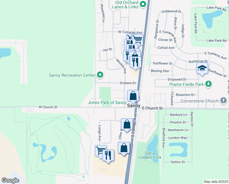 map of restaurants, bars, coffee shops, grocery stores, and more near 208 West Main Street in Savoy