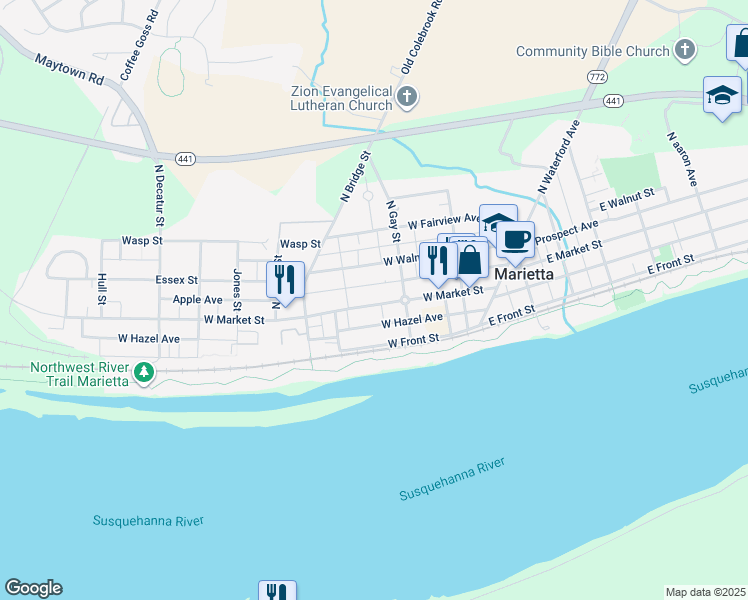 map of restaurants, bars, coffee shops, grocery stores, and more near 238 West Market Street in Marietta