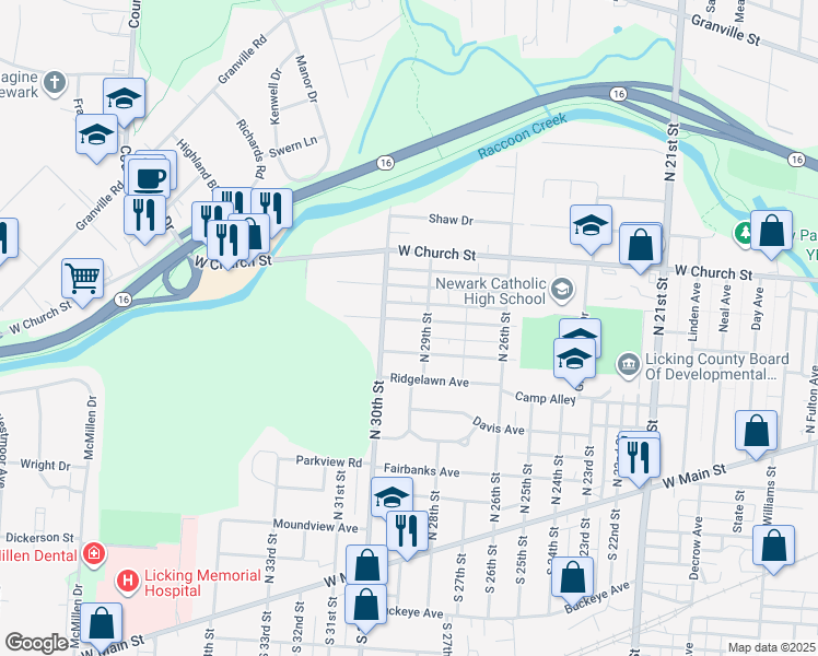 map of restaurants, bars, coffee shops, grocery stores, and more near 1029 Woodlawn Avenue in Newark