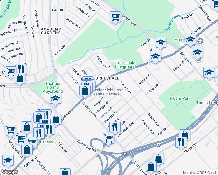 map of restaurants, bars, coffee shops, grocery stores, and more near 4300 Pearson Avenue in Philadelphia