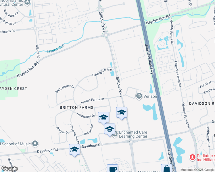 map of restaurants, bars, coffee shops, grocery stores, and more near 4368 Huntwicke Court in Hilliard