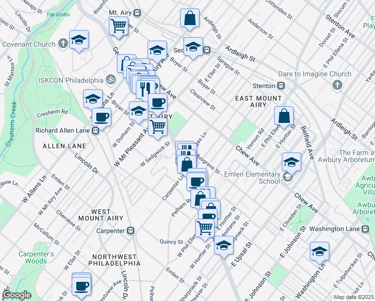 map of restaurants, bars, coffee shops, grocery stores, and more near 29 East Gorgas Lane in Philadelphia