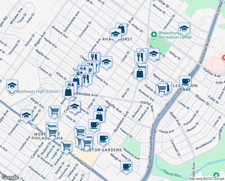 map of restaurants, bars, coffee shops, grocery stores, and more near 2126 Hartel Avenue in Philadelphia