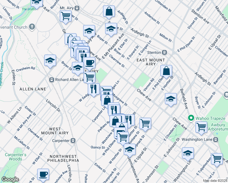 map of restaurants, bars, coffee shops, grocery stores, and more near 106 East Gorgas Lane in Philadelphia