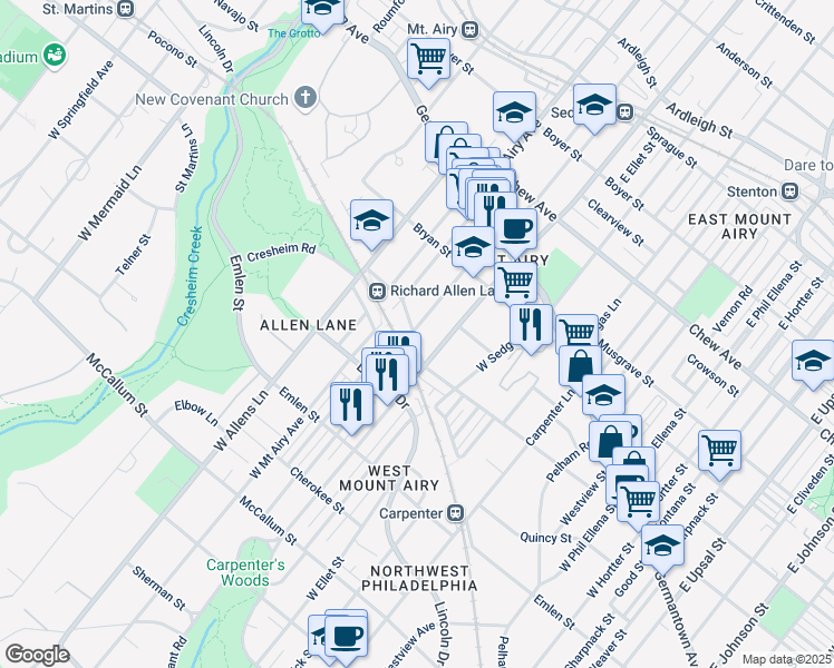 map of restaurants, bars, coffee shops, grocery stores, and more near 7125 Cresheim Road in Philadelphia
