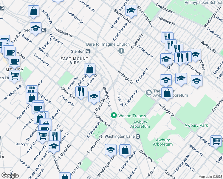 map of restaurants, bars, coffee shops, grocery stores, and more near 500 East Upsal Street in Philadelphia