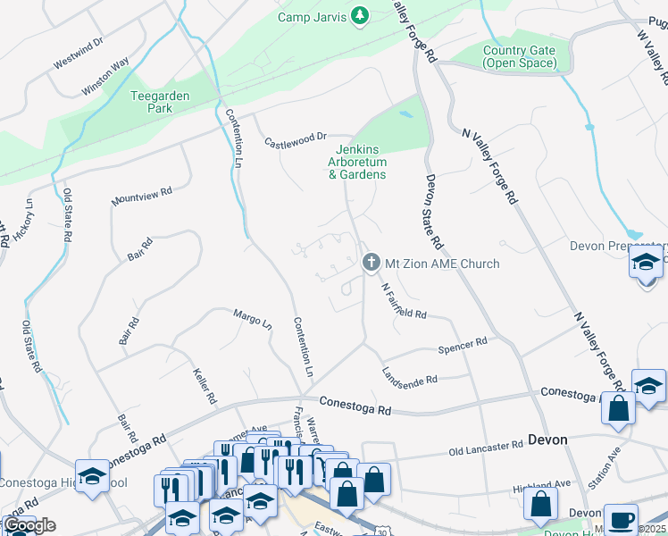 map of restaurants, bars, coffee shops, grocery stores, and more near Dezac in Devon