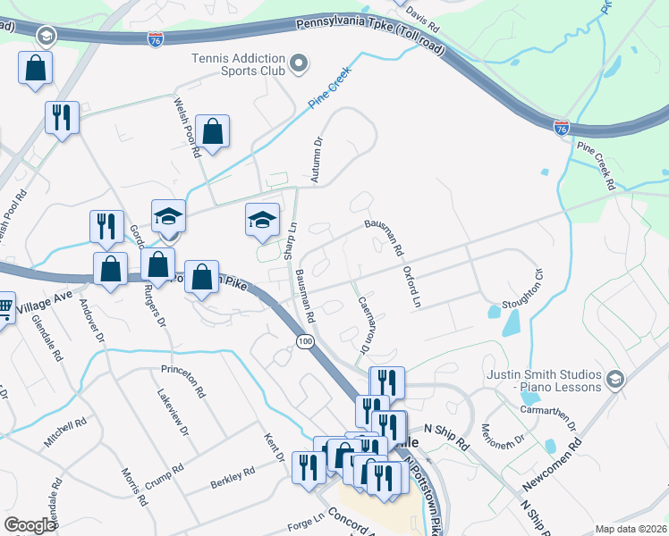 map of restaurants, bars, coffee shops, grocery stores, and more near in Lionville