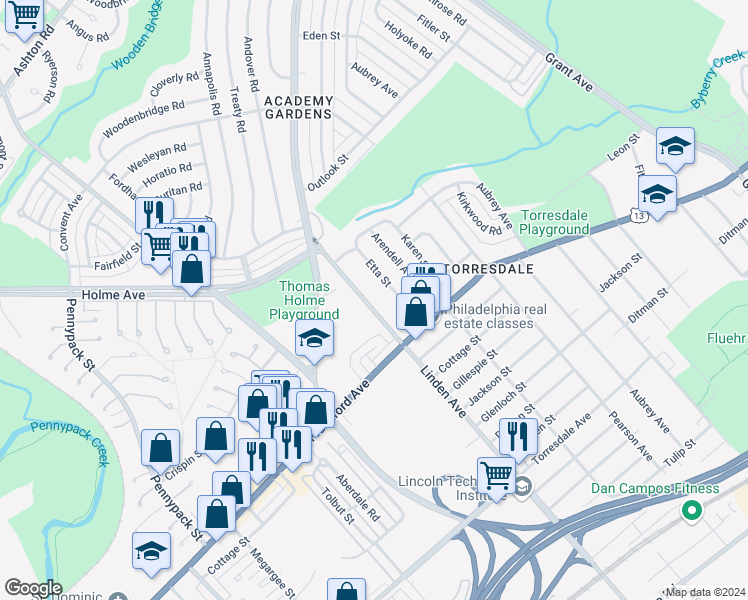 map of restaurants, bars, coffee shops, grocery stores, and more near 3845 Linden Avenue in Philadelphia