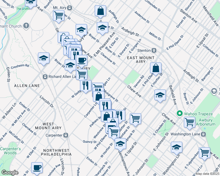 map of restaurants, bars, coffee shops, grocery stores, and more near 121 East Meehan Avenue in Philadelphia