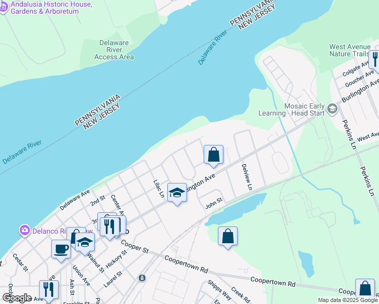 map of restaurants, bars, coffee shops, grocery stores, and more near 206 Fenimore Lane in Delanco