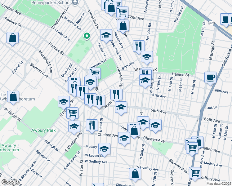 map of restaurants, bars, coffee shops, grocery stores, and more near 6704 North Woodstock Street in Philadelphia