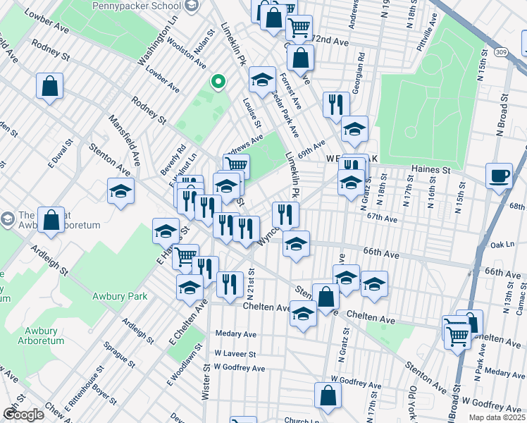 map of restaurants, bars, coffee shops, grocery stores, and more near 2067 Independence Street in Philadelphia