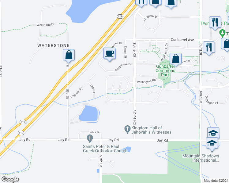 map of restaurants, bars, coffee shops, grocery stores, and more near 5812 Orchard Creek Lane in Boulder
