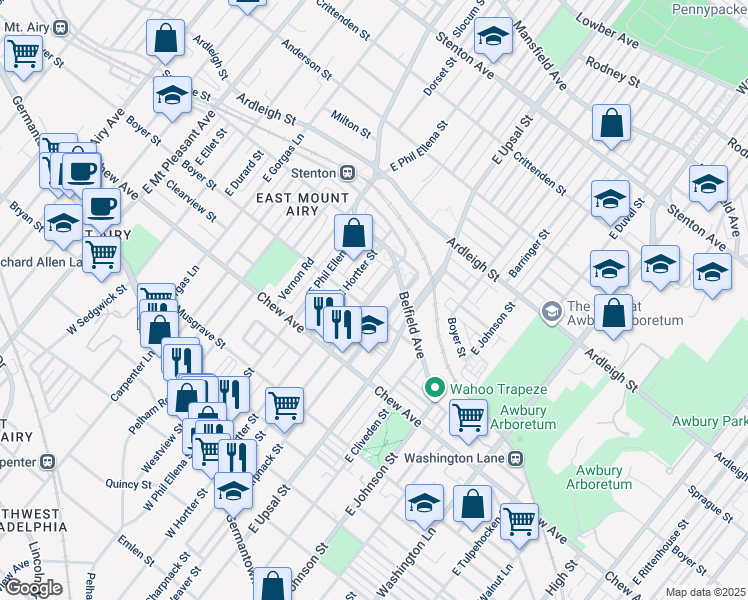 map of restaurants, bars, coffee shops, grocery stores, and more near 412 Montana Street in Philadelphia