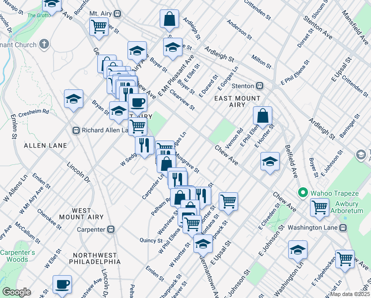 map of restaurants, bars, coffee shops, grocery stores, and more near 121 East Meehan Avenue in Philadelphia