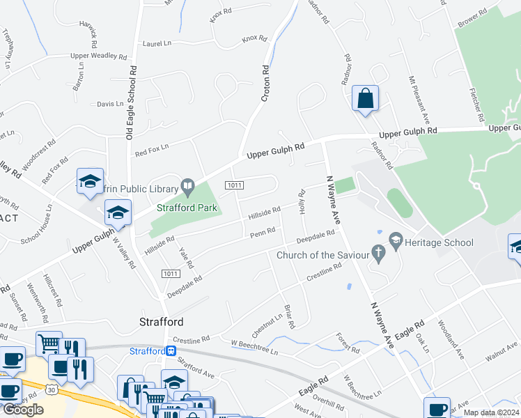 map of restaurants, bars, coffee shops, grocery stores, and more near 124 Hillside Road in Wayne