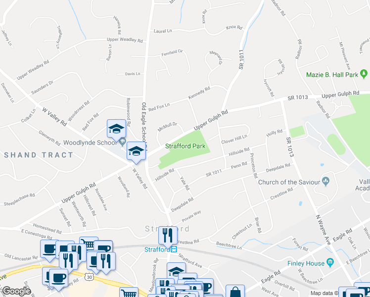 map of restaurants, bars, coffee shops, grocery stores, and more near 582 Upper Gulph Rd in Chester