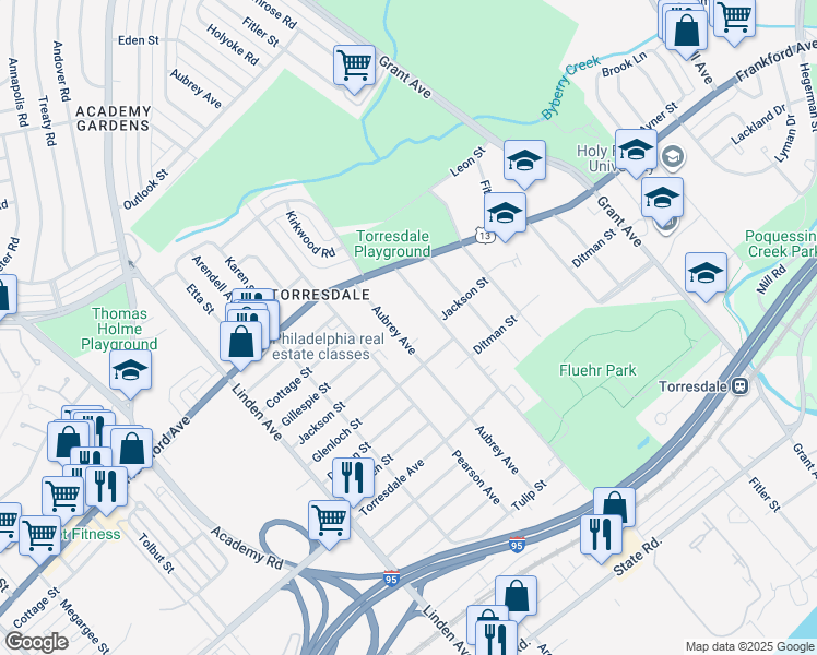 map of restaurants, bars, coffee shops, grocery stores, and more near 4423 Aubrey Avenue in Philadelphia