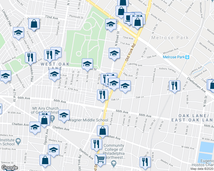 map of restaurants, bars, coffee shops, grocery stores, and more near 6732 North Broad Street in Philadelphia