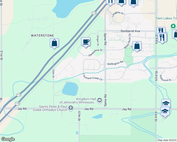 map of restaurants, bars, coffee shops, grocery stores, and more near 5812 Orchard Creek Lane in Boulder